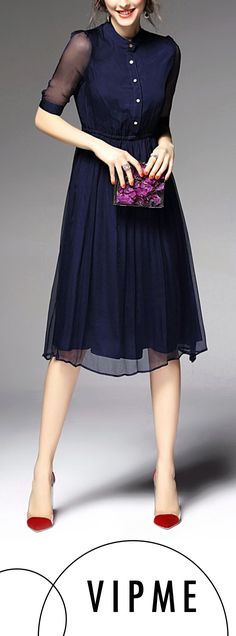 Silk is the Most Popular Material in this Summer. Silk Navy Blue Pleated Midi Dress is One of the Hottest Products this June and July. Grab Your Well Fit Size on VIPme.com NOW! Solid Midi Dress, Pleated Midi Dress, Blue Silk, Work Fashion, Quality Fashion, Half Sleeve, Fashion Sense, Passion For Fashion, Pretty Dresses