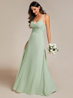 This bridesmaid dress is made of lightweight chiffon fabric with delicate spaghetti straps. The V-neck and pleated design show an elegant style. It is the perfect wedding bridesmaid dress. Fit: Please refer to size chart. Length: Floor Length. Sleeve Style: Sleeveless. Closure: It is concealed a zipper up the back. Undergarments: It is padded, with lining. Fabric:The garment comprises chiffon. Stretch: Fabric is no stretch. Chiffon Bridesmaid Dress With Pleated Bodice For Prom Season, Pleated Bodice Chiffon Bridesmaid Dress For Prom Season, Pleated Chiffon Bridesmaid Dress For Prom Season, Chiffon Bridesmaid Dress With Ruched Bodice For Prom, Chiffon Bridesmaid Dress With Ruched Bodice For Wedding, Chiffon Bridesmaid Dress With Fitted Bodice, Ruched Chiffon Bridesmaid Dress, Sweetheart Neckline Chiffon Bridesmaid Dress For Prom Season, Chiffon Bridesmaid Dress With Pleated Bodice And Sweetheart Neckline