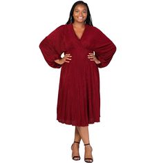 Perfect your look with our Plus Size Luxury Pleated V Neck Empire Waist Bishop Sleeve Midi Dress, a perfect blend of elegance and comfort. This stunning dress features a deep V neckline and a flattering empire waist that enhances your silhouette, while the luxurious bishop sleeves add a touch of sophistication. Made from a comfortable pleated accordion fabric, it offers a beautiful shimmery finish that makes you stand out at any event. An inner layer ensures full coverage, providing both confide V Neck Midi Dress, Bishop Sleeve, Sweater Dress Midi, Sleeve Midi Dress, Midi Dress With Sleeves, Trending Dresses, Plus Size Dress, Stunning Dresses, Fit And Flare Dress