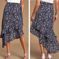 Lulus Cararra Navy Blue Floral Print Ruffled Asymmetrical Midi Skirt. New With Tags. Size Small. Fully Lined. Lightweight And Breathable. High Banded Waist. Bundle 2 Or More, Save 20% Blue Tiered Wrap Skirt For Spring, Asymmetrical Blue Skirt For Summer, Chic Blue High-low Hem Skirt, Blue Asymmetrical Wrap Skirt For Spring, Hot Pink Bodycon, Lulu Skirt, Brown Leather Skirt, Asymmetrical Midi Skirt, Ruched Midi Skirt