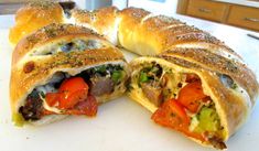 a pastry with meat and vegetables cut in half