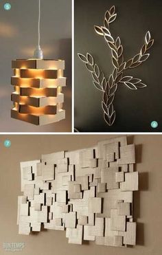 four different pictures with some lights on and one is made out of wood blocks, the other has a light fixture in it