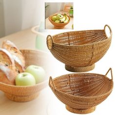 three baskets with apples and bread in them on a table next to an image of the same basket