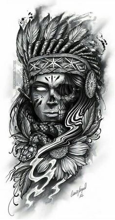 Native American Warrior Tattoos, Flower Arm Tattoo, Indian Skull Tattoos, Indian Tattoo Design, Headdress Tattoo, Tattoo Snake, Native American Tattoo, American Indian Tattoos, Aztec Tattoo Designs