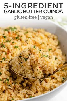 a spoon full of garlic butter quinoa in a white bowl with text overlay