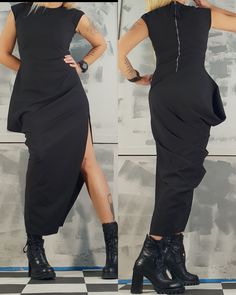 "Avant Garde Black Dress, Asymmetrical Dress, Party Cocktail Dress, Steampunk Dress, Extravagant Black Dress, Gothic Dress ❤️ Extravagant designs and high quality fabrics! ❤️ Materials & Care Textile  Hand wash at low temperatures. Do not machine dry. Do not iron. Do not dry clean! ❤️ Sizing We can make your piece from XS to 5XL! Everything in the shop can be also made according to your measures free of charge! ❤️ Shipping ✈ Ready to ship The time I need to prepare an order for shipping varies. Punk Style Evening Dresses For Summer, Gothic Style Fitted Sleeveless Midi Dress, Gothic Fitted Sleeveless Midi Dress, Fitted Sleeveless Gothic Midi Dress, Sleeveless Punk Dress For Night Out, Punk Sleeveless Dress For Night Out, Summer Costume Party Dress With Asymmetrical Hem, Black Punk Style Evening Dress, Fitted Sleeveless Asymmetrical Dress For Club