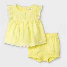 Cat & Jack Baby Girls' Eyelet Bloomer Top & Bottom Set Light Yellow 3-6m Both Pieces In This Top And Bottom Set Ensure Your Little One Stays Cool And Comfy All Day. The Short-Sleeve Peasant Top In Yellow Features Short Ruffle Sleeves And A Scalloped Hem With Allover White Embroidered Flowers Around Eyelet Detailing For Sweet Flair. The Accompanying Yellow Bloomers Are Designed With A Full Elastic Waistband And Elastic Around The Leg Openings For A Stay-Put Fit. Trendy Romper, Top And Bottom Set, Ruffle Jumpsuit, Versatile Outfits, Flutter Sleeve Top, Peasant Top, Scalloped Hem