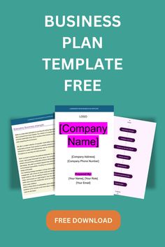 the business plan template is displayed on top of a blue background with pink and purple text