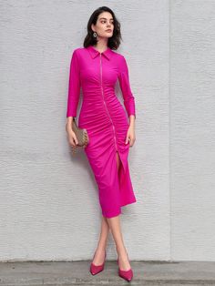 Zip Front Pleated Detail High Slit Hem Dress Ruched Dress Hot Pink Elegant  Three Quarter Length Sleeve Knitted Fabric Plain Bodycon Medium Stretch  Women Clothing, size features are:Bust: ,Length: ,Sleeve Length: Women Midi, Style Mistakes, Ruched Dress, Hem Dress, Kids Beachwear, Womens Midi Dresses, All Fashion, Women Clothes Sale, Women Clothing