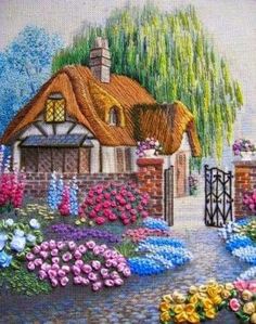 this is an image of a house with flowers in the front yard