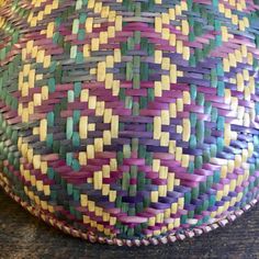 a woven basket sitting on top of a wooden table