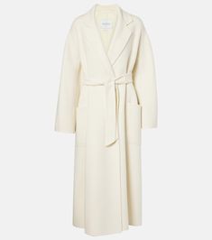 Luxury Belted Wool Coat, Luxury Long Sleeve Wool Coat, Elegant Beige Wool Coat With Pockets, Luxury Long Wool Coat For Formal Occasions, Luxury Cashmere Outerwear For Spring, Luxury Cashmere Wool Coat With Lapel Collar, Chic Long Cashmere Outerwear, Luxury Beige Wool Coat With Pockets, Luxury Long Wool Outerwear