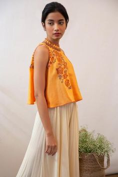 Shop for Labbada Yellow Chanderi Silk Embroidered Top for Women Online at Aza Fashions Yellow Embroidery, Silk Tops, Embroidery Hand, Luxury Sale, Yellow Top, Top For Women, Band Collar, Floral Motifs, Embroidered Silk