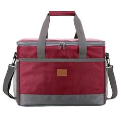 a red and grey cooler bag on a white background