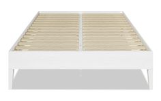 a white bed frame with wooden slats on the top and bottom side, in front of a white background