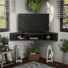 a flat screen tv mounted to the side of a wall next to potted plants