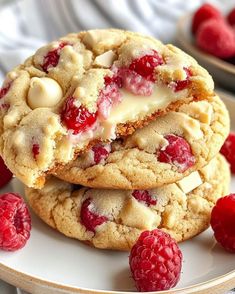 raspberry white chocolate chip cookies stacked on top of each other