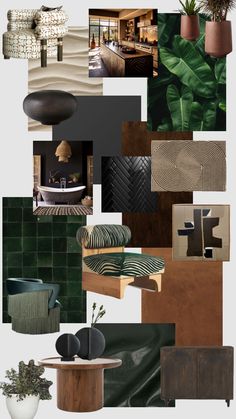 a collage of different types of furniture and decor in shades of green, brown, black and white