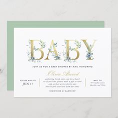 a baby shower card with the word baby in gold foil on it and an olive green background