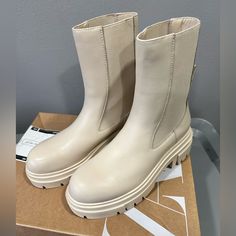 Beautiful Cream/Off White Zara Lug Sole Boots. Brand New With Tag, Only Worn To Try On Beige High Ankle Boots With Lug Sole, Cream Boots With Reinforced Heel And Round Toe, Chic Cream Boots With Lug Sole, Beige Ankle-high Boots With Textured Sole, Beige Ankle-high Boots With Lug Sole, Cream Boots With Lug Sole And Flat Heel, Beige Almond Toe Boots With Lug Sole, Beige Round Toe Boots With Reinforced Heel, Cream Boots With Platform And Almond Toe