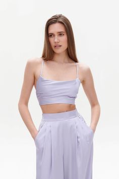 Lilac Crop Top, Sleeveless Satin Top, Cowl Neck Top, Silk Bridal Top, Bridesmaids Outfit, Wedding Guest Suit, Evening Dress ⭐Size: Please write your chest and waist and we will make a top to your individual measurements! After you place your order, we may ask you for additional measurements. We do this to ensure that the top fits you perfectly👌😊 ⭐Our fabric: We have used a premium quality satin and 100% silk: it's light and soft, pleasant to wear and easy to wash.  ⭐Shipping: ✈️We have two shi Sleeveless Satin Crop Top For Summer, Elegant Sleeveless Crop Top For Wedding, Elegant Sleeveless Top For Prom, Fitted Crop Top For Summer Prom, Fitted Sleeveless Crop Top For Prom, Spring Wedding Sleeveless Tank Top, Summer Wedding Camisole, Strapless Crop Top For Summer Wedding, Fitted Lavender Sleeveless Camisole