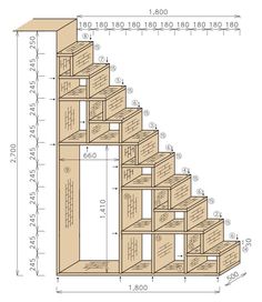 a drawing of a bookcase with drawers and shelves on each side, showing the measurements for