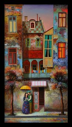 a painting of two people holding an umbrella in front of a building with windows and balconies