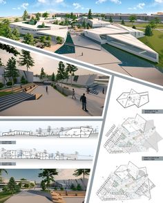 an architectural rendering of a park with benches and people walking around it, along with several different views of the area