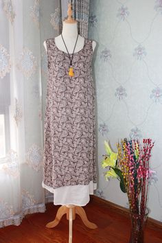 "【Fabric】 linen Lining Cotton 【Color】 blue, brown 【Size】 Shoulder width is not limited Bust 98cm/ 38\" Waist circumference is about 108cm / 42\" Length 114cm/ 44\" Have any questions please contact me and I will be happy to help you." Summer Brown Linen Daywear Dress, Brown Sleeveless Cotton Dress, Bohemian Sleeveless Brown Dress For Beach, Brown Bohemian Sleeveless Dress For Summer, Bohemian Brown Sleeveless Beach Dress, Beige Sleeveless Bohemian Linen Dress, Sleeveless Lagenlook Linen Summer Dress, Brown Cotton Lagenlook Dress, Round Collar Dress