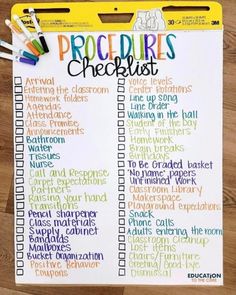 a printable procedure checklist on a wooden table with markers and pencils in it