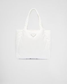 White Large Padded Re-nylon Tote Bag | PRADA Luxury Nylon Bag With Detachable Handle, Luxury Nylon Rectangular Shoulder Bag, White Nylon Bags With Double Handle, Luxury Nylon Bag With Double Handle, Luxury Nylon Shopping Bag, Luxury Nylon Tote Bag, Designer Nylon Bag With Zipper Closure, White Nylon Shoulder Bag With Double Handle, Designer Nylon Shoulder Bag With Top Carry Handle