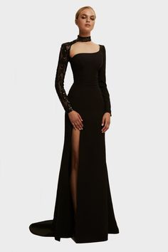 Buy Trumpet gown with detachable sleeve at Milla Dresses. Wide size range from XXS to XXL. FREE shipping across the USA. Return in 30 days. Gabardine Fabric, Black Evening Gown, Long Sleeve Evening Gowns, Dress Weights, Sequin Sleeve, Trumpet Gown, Black Dress With Sleeves, Long Sleeve Gown, فستان سهرة