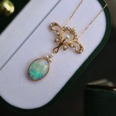 Vintage Real Opal Pendant/australian Opal Necklace/18k Gold Opal Pendant/art Deco Opal Pendant/handmade Opal Jewelry/opal Necklace for Women - Etsy Elegant Opal Necklace With Pearl Pendant, Fine Jewelry Opal Cabochon Necklace, Handmade Ethiopian Opal Elegant Necklace, Elegant Ethiopian Opal Cabochon Necklaces, Opal Cabochon Pendant Necklace, Yellow Gold Opal Pendant Necklace, Elegant Ethiopian Opal Ring For Gifting, Elegant Ethiopian Opal Ring Gift, Opal Pendant Necklace Fine Jewelry