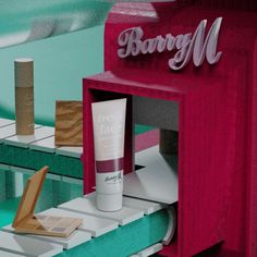 3D beauty cosmetic render featuring a pink factory theme with a mix of industrial and feminine elements. The design showcases beauty products in a bold, creative style, ideal for branding, marketing, and social media. Cosmetic Design, Creative Marketing, Brand Identity Design