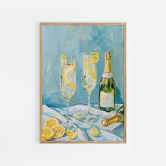 a painting of two champagne flutes and lemons on a table with a bottle of wine