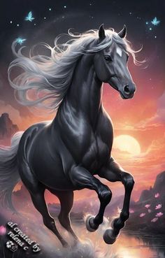 a painting of a black horse with white manes running in front of a sunset