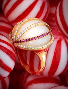 elegant white watermelon Jade ring with white Diamonds (1.2tcw) and Rubies (0.4 tcw) in 18kt yellow gold White Jade, Jade Ring, White Diamonds, Diamond White, Watermelon, Jade, Ruby, Jewelry Design, Diamonds