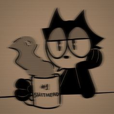 a black and white drawing of a cat holding a cup with a bird on it