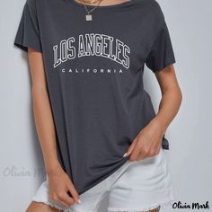 Olivia Mark - Letter Graphic Casual Sports Short Sleeve T-shirts, Crew Neck Loose Tee, Women's Summer Tops Short Sleeve College Tops With Text Print, College Graphic Tee With Short Sleeves, College Tops With Text Print, College Short Sleeve Tops With Text Print, Graphic Tee With Short Sleeves For College, College Tops With Text Print And Relaxed Fit, Relaxed Fit Crew Neck Top With Letter Print, College Text Print Top With Relaxed Fit, Text Print Relaxed Fit Tops For College