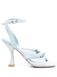 light blue washed denim calf leather knot detailing open square toe buckle-fastening ankle strap high stiletto heel Light Blue Sandals, Stuart Weitzman Sandals, Denim Sandals, Square Toe Heels, Blue Sandals, Stuart Weitzman Shoes, Washed Denim, Leather Design, Blue Shoes