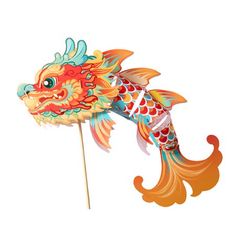 a colorfully painted fish on a stick with a toothpick in it's mouth