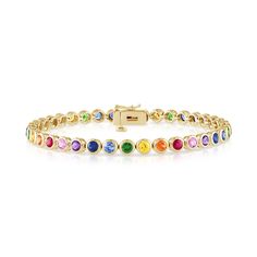 Bezel Set Rainbow Tennis Bracelet – Stephanie Gottlieb Sapphire Tennis Bracelet, Dress Reference, Ombre Bracelet, Rainbow Sapphires, Birthday Bracelet, Rainbow Gemstones, Rainbow Jewelry, Rainbow Bracelet, Gold Bead Bracelets