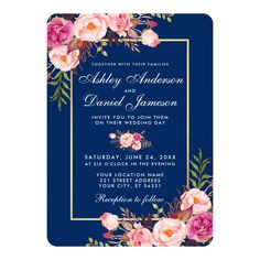 the navy and pink floral wedding card is shown