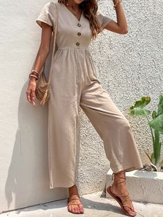 Khaki Casual  Short Sleeve Cotton Plain Shirt Embellished Non-Stretch  Women Jumpsuits & Bodysuits Stylish Jumpsuit, Solid Color Jumpsuits, Loose Jumpsuit, Khaki Fashion, Cropped Jumpsuit