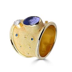 For Sale on 1stDibs - One of a kind S.Georgios designer 18 Karat Solid Yellow Gold Ring all handmade with the Byzantine workmanship. It is decorated microscopically with 22 Byzantine Rings, Retro Band, Blue Diamonds, Blue Diamond Ring, Blue Tanzanite, Diamonds Ring, Diamond Rings Bands, White Gold Band, Yellow Gold Ring