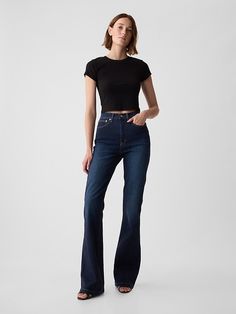 High Rise '70s Flare Jeans Ultra High Rise Flare Jeans, Flare Jeans Petite Women, Flared Jeans High Waisted, Jeans Mid Size, 70s Jeans Outfit, Modern 70s Fashion, Style Flared Jeans, Women Flare Jeans, Fit And Flare Jeans