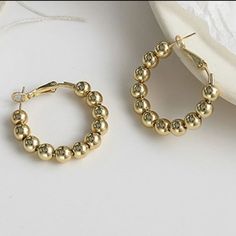 Beautiful Gold Ball Beaded Circle Hoop Earrings. Size 3.5cm In Length Width 2.8g Sterling Pin Beaded Metal Hoop Earrings, Metal Hoop Beaded Earrings, Metal Hoop Beaded Earrings For Pierced Ears, Trendy Gold Beaded Earrings, Gold Hoop Beaded Earrings For Everyday, Everyday Gold Beaded Hoop Earrings, Gold Beaded Round Earrings, Gold Beaded Round Metal Earrings, Round Metal Earrings With Gold Beads