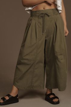 Cotton, lyocell Front slant pockets Back patch pockets Drawstring styling Machine wash Imported | Ruched Poplin Parachute Pants by Anthropologie in Green, Women's, Size: Medium, Cotton/Lyocell Spring Utility Wide Leg Pants With Elastic Waistband, Utility Wide Leg Parachute Pants With Relaxed Fit, Relaxed Fit Wide Leg Utility Parachute Pants, Spring Versatile Wide Leg Cargo Pants, Versatile Spring Cargo Style Wide Leg Pants, Spring Khaki Wide-leg Parachute Pants, Spring Wide Leg Parachute Pants With Side Pockets, Spring Utility Wide Leg Parachute Pants, Spring Wide-leg Parachute Pants With Pockets