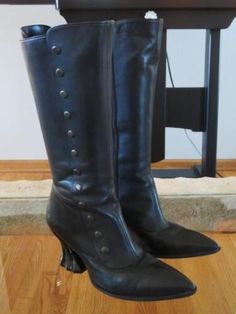 JOHN FLUEVOG Deliverance Tall Black Boots with Button Studs 10 | eBay Classic Leather Boots With Buttons, Fitted Black Boots With Rivets, Fitted Pointed Toe Boots With Rivets, Classic Boots With Buttons And Round Toe, Black Round Toe Boots With Grommets, Formal Studded Rubber Outsole Boots For Fall, Leather Boots With Button Closure And Round Toe, Fall Boots With Button Closure And Round Toe, Thrift Manifestation