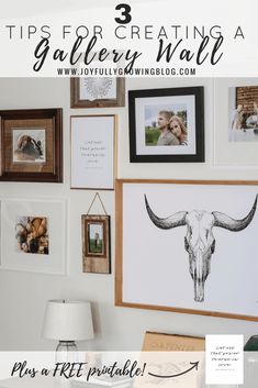 a white wall with pictures on it and the words tips for creating a gallery wall